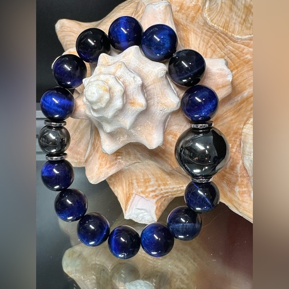 DARK BLUE TIGERS EYE + HEMATITE NATURAL STONES BRACELET size 7” - Picture 4 of 11